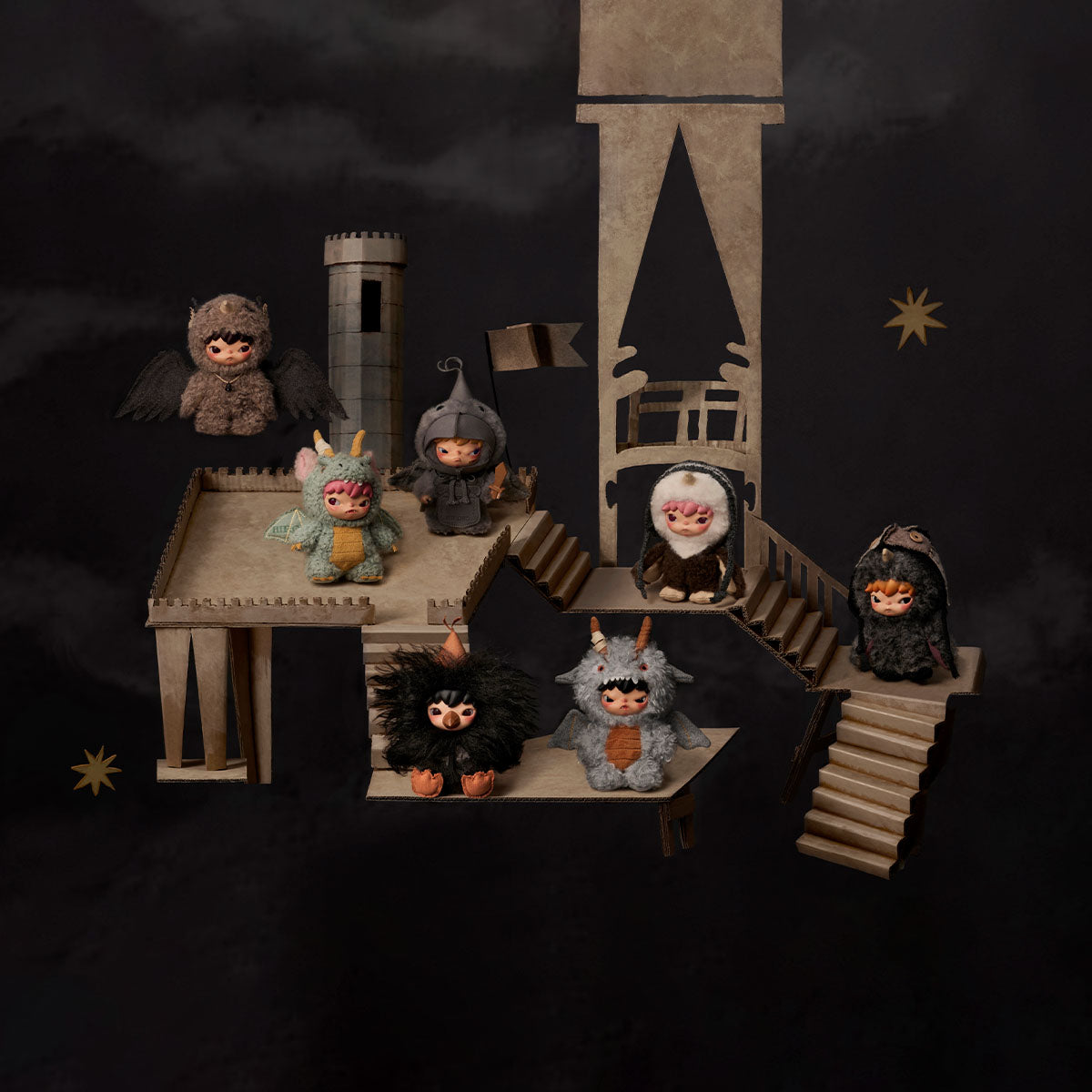 Hirono Mist-Walker plush doll pendant series displayed in a theatrical set