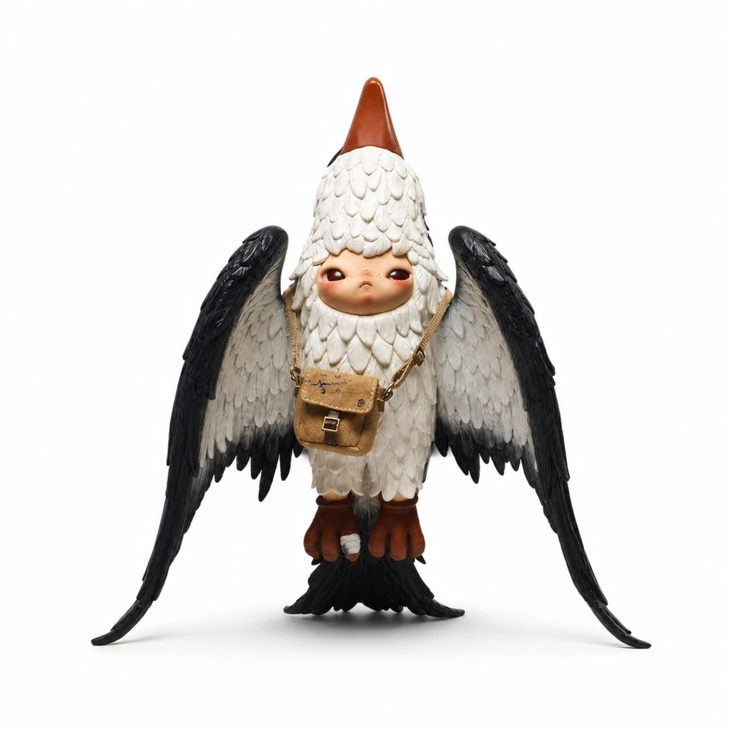 HIRONO and Leah Dou In the Air figurine front view showing white feathers, pouch and black wings