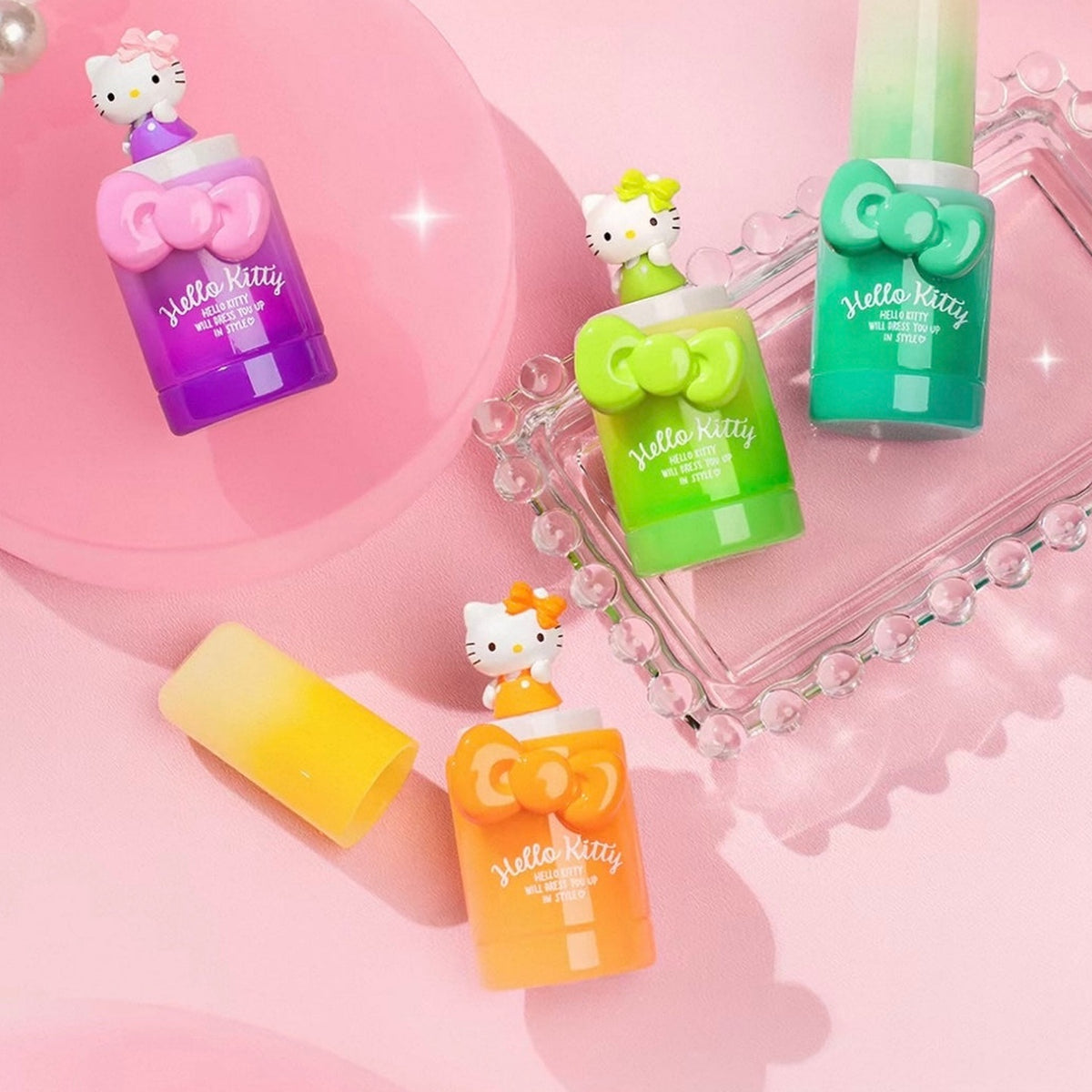 Four colorful Hello Kitty miniature design examples; pictured group is not a packing list
