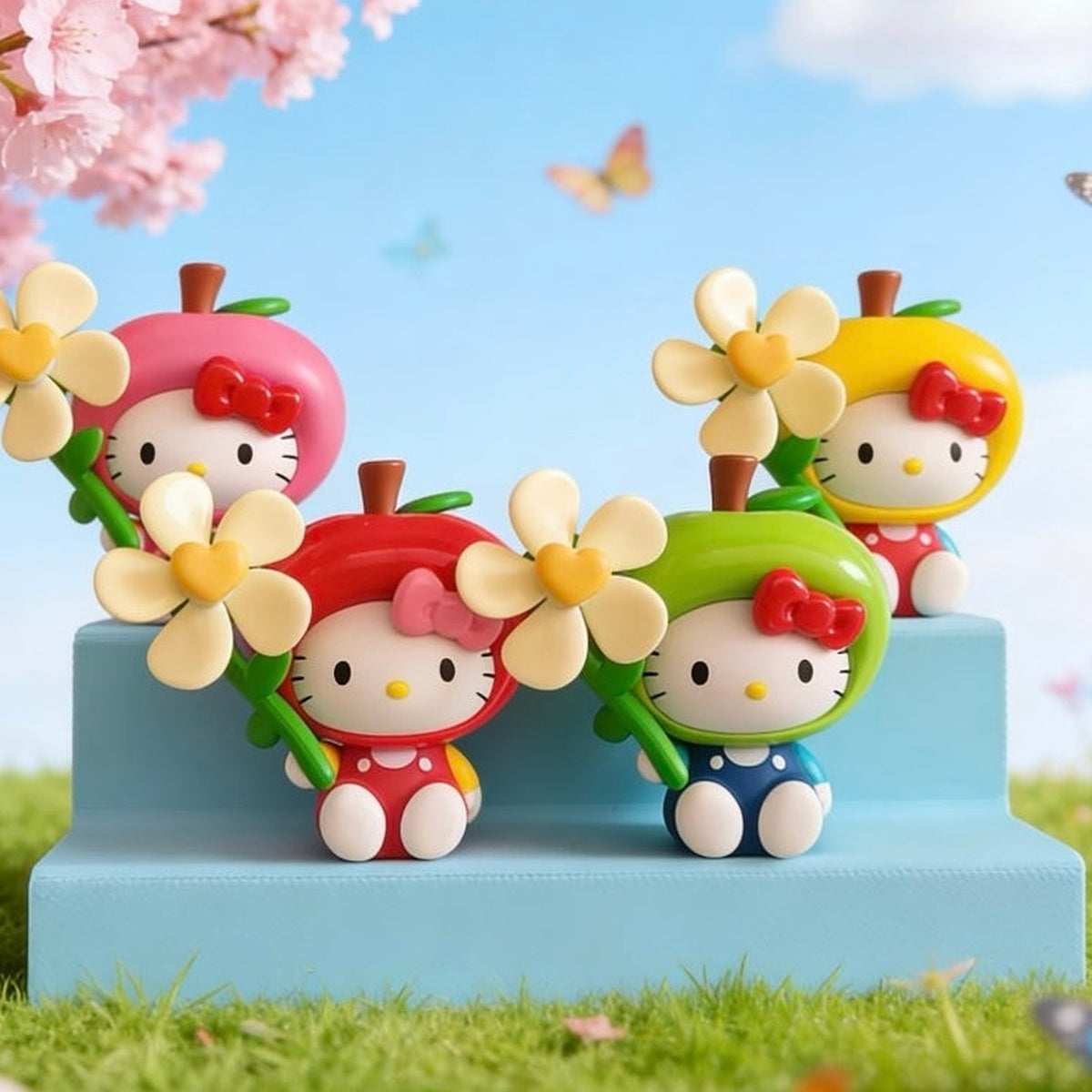 Fruit-costume Hello Kitty figure design group against a blue sky; pictured group is not a packing list