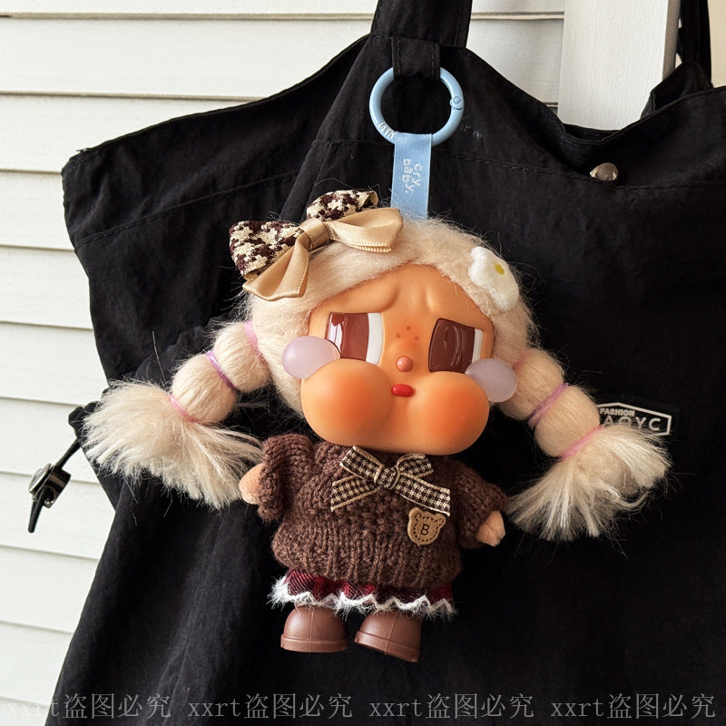 Houndstooth Knit Outfit Set for Crybaby 17cm - Coffee doll outfit front view | KikiBuddies