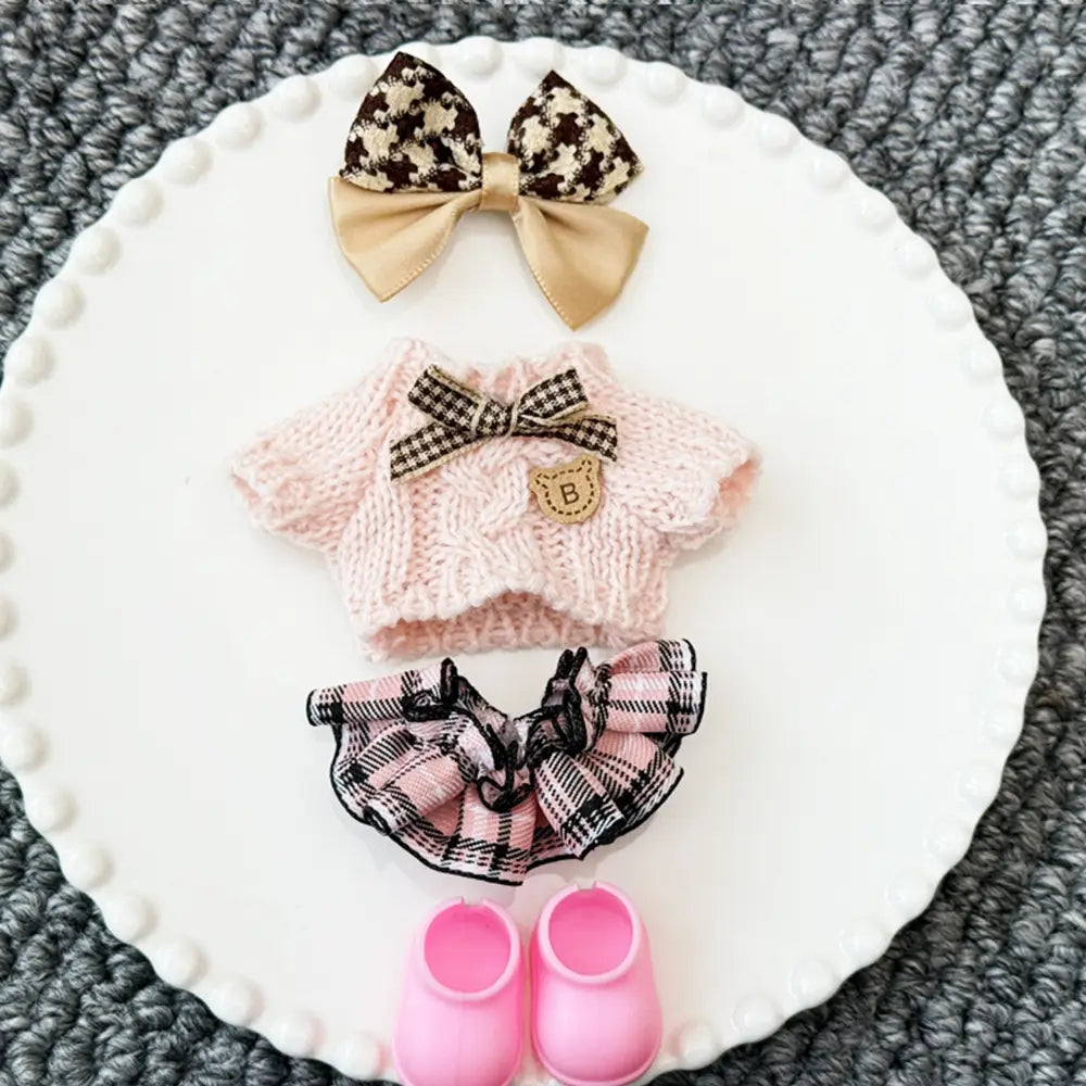 Houndstooth Knit Outfit Set for Crybaby 17cm - Pink doll outfit detail view 5 | KikiBuddies