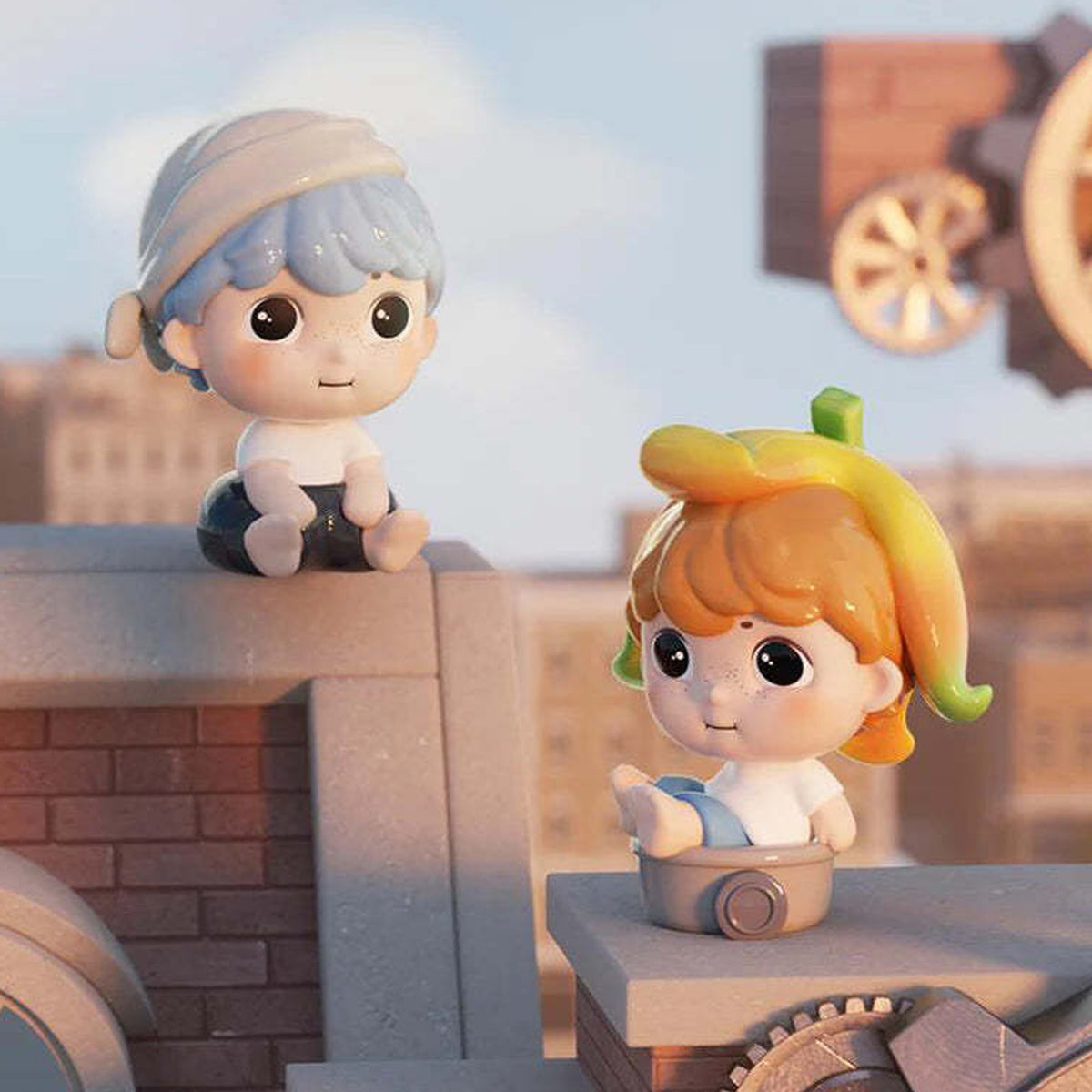 Huntstar Map mini figure scene showing two seated designs with blue and orange hair; display architecture is not included
