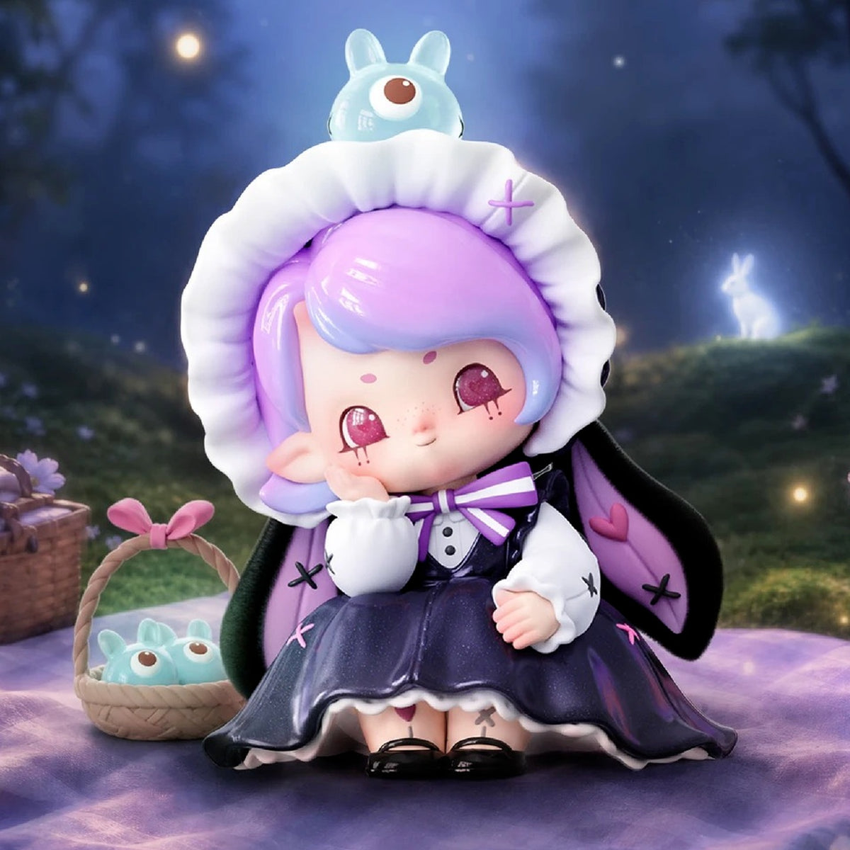 Purple-haired figure design example under a white hood; scene props not promised as included