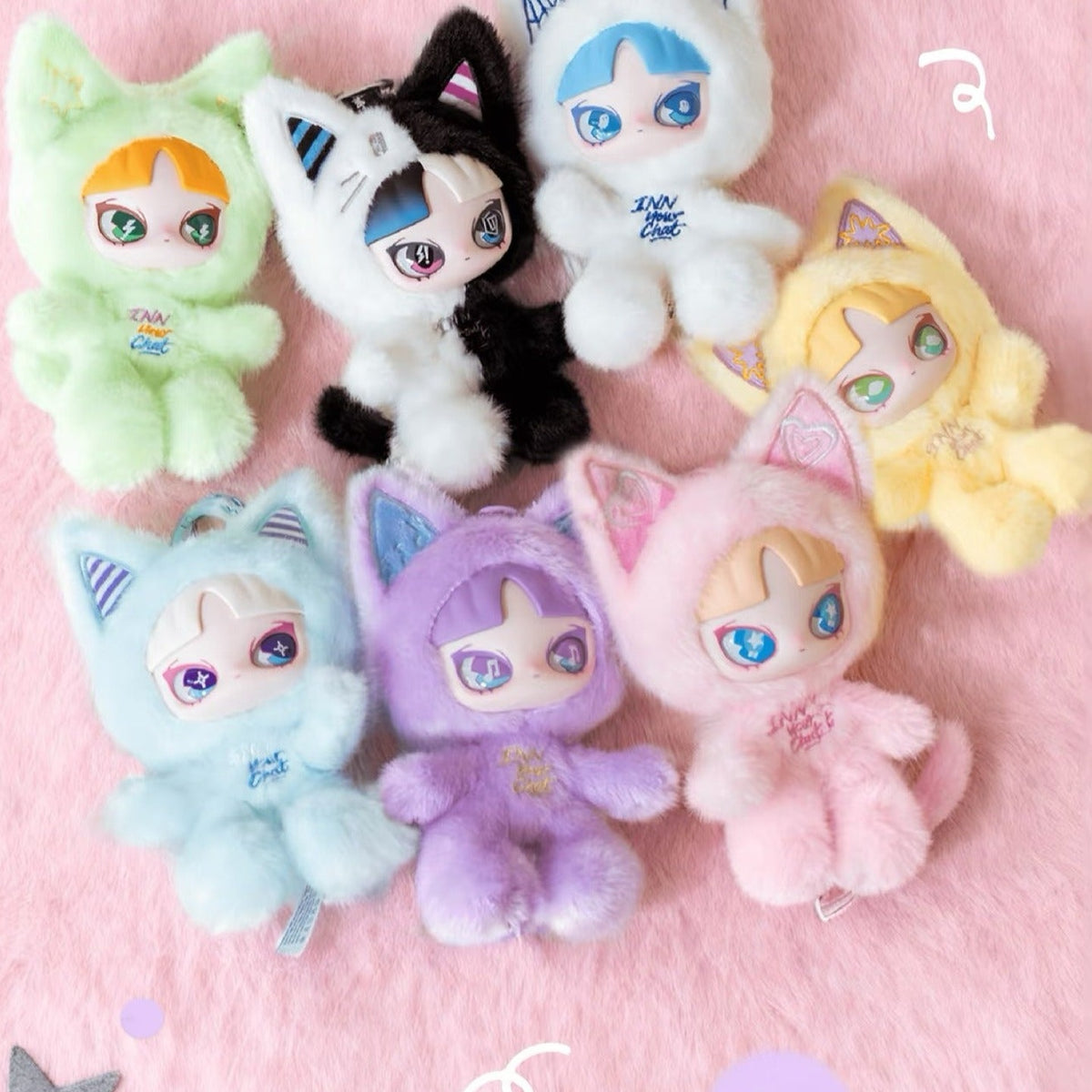 INN Cat Inn Your Chat seven plush series examples in a close display view; not six-box contents