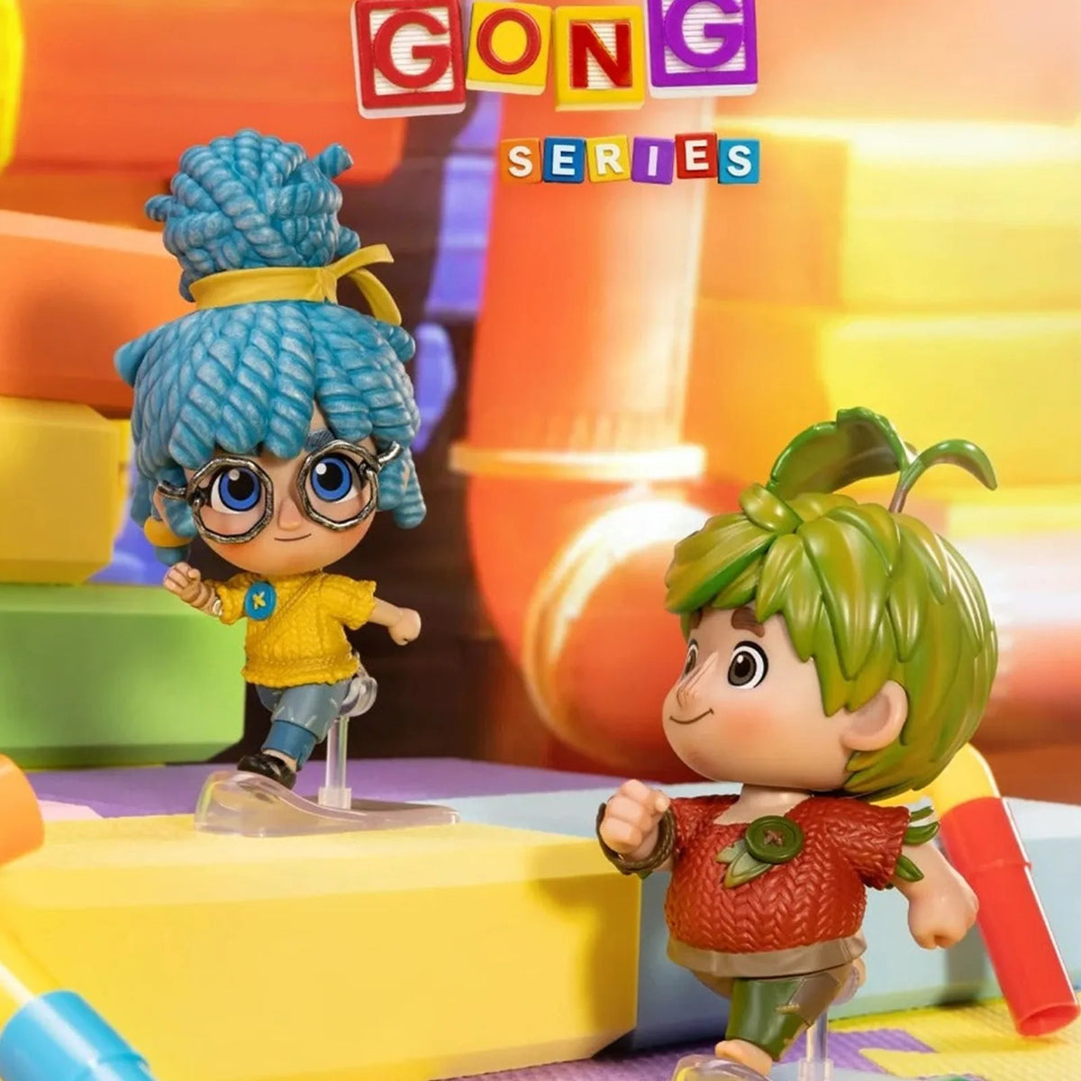 Cody and May figures in the Let's GONG Series display scene; each character is a separate purchase option