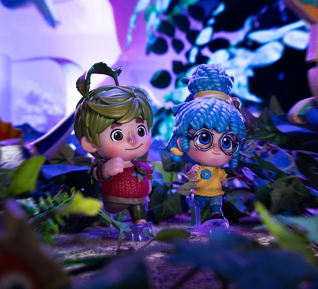 Cody and May figures in a purple-lit display scene; characters sold as separate options