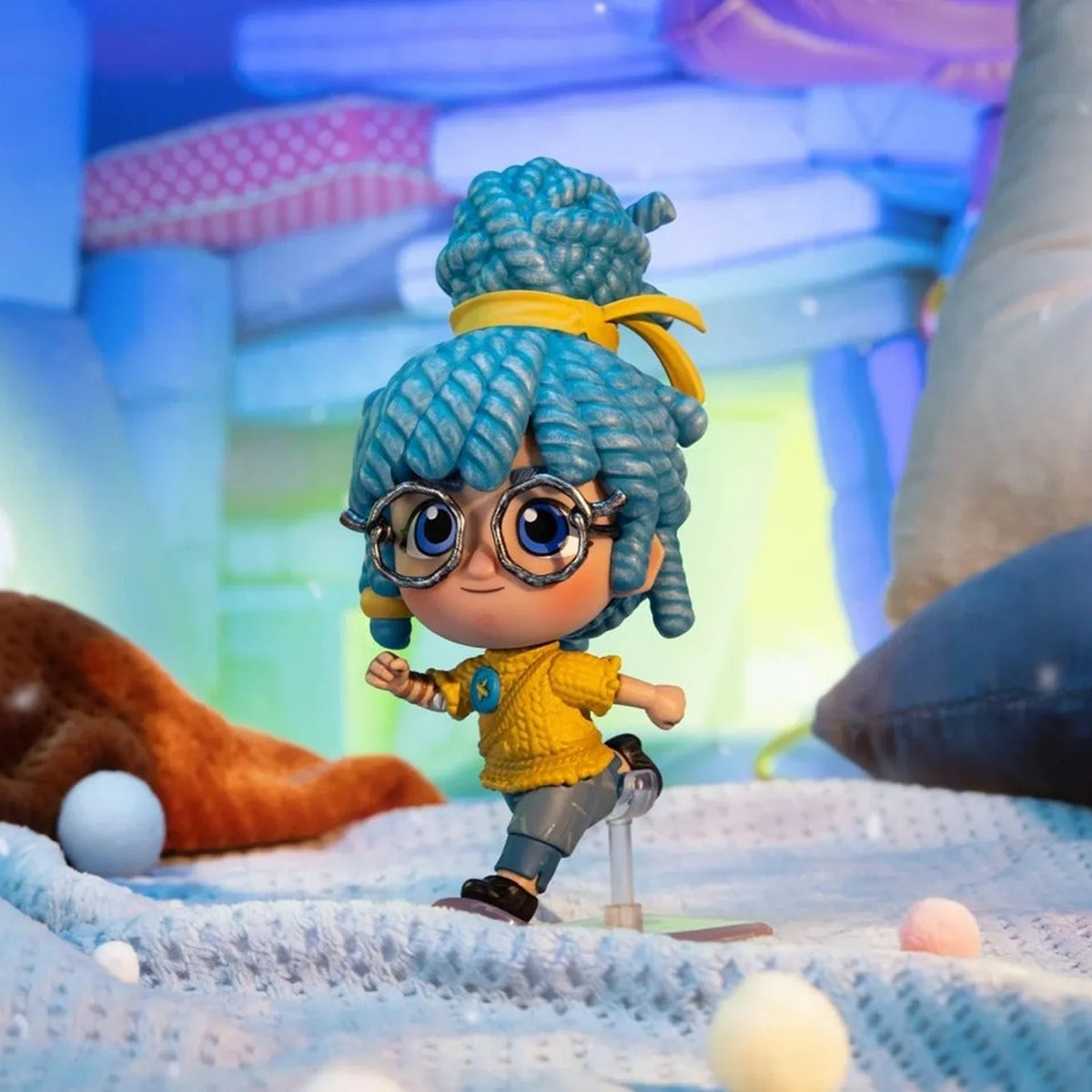 May figure character view with blue braided hair, round glasses and a yellow sweater