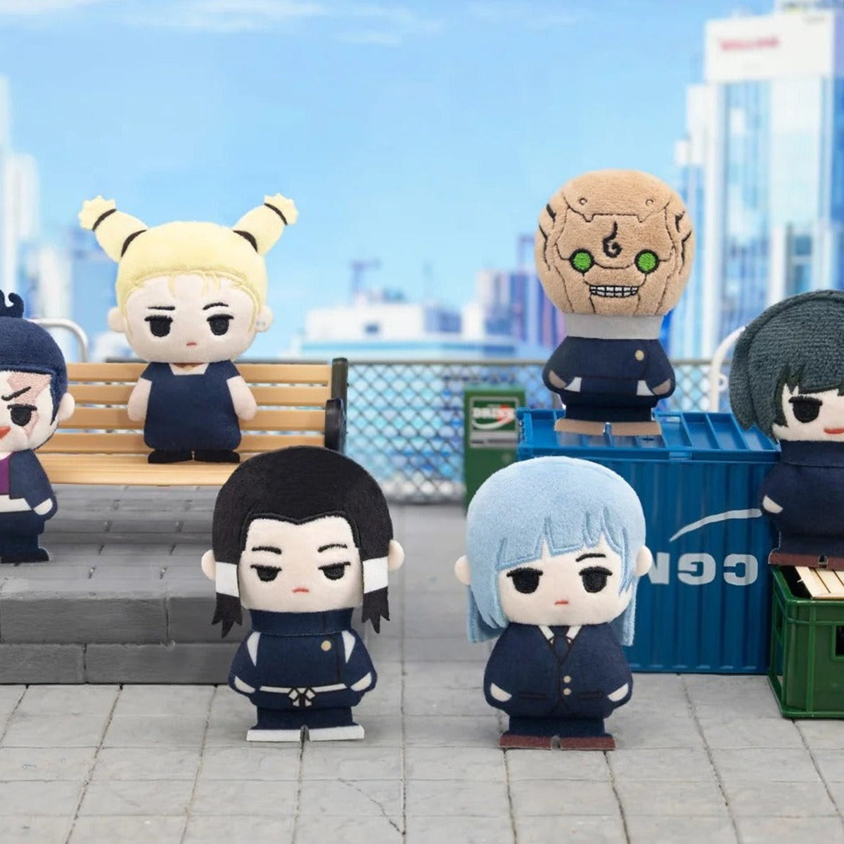 Jujutsu Kaisen plush brooch group with blonde and pale-blue-haired designs on an urban display; illustrative designs