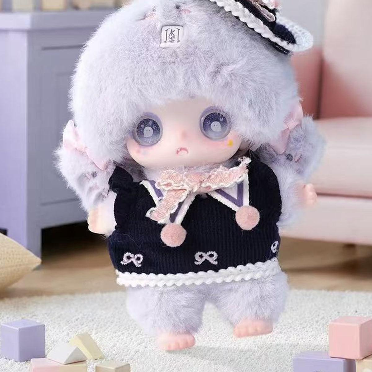 KEENO Fluffy Cute Ghost Series Plush Pendant Blind Box - Purple-outfit plush detail with upper hat edge cropped; random design not guaranteed