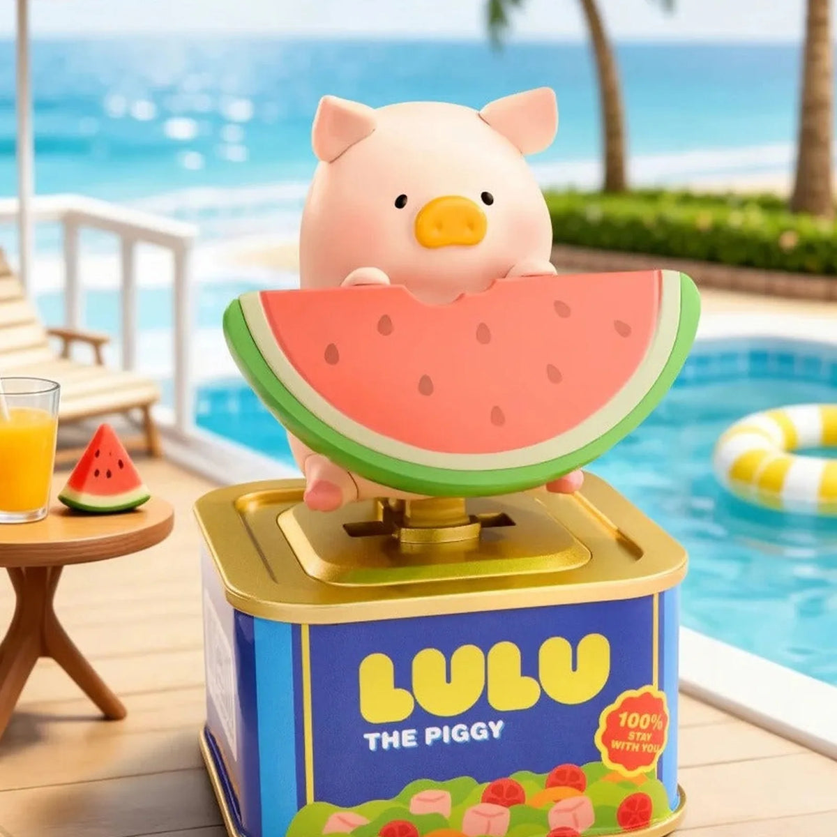 LuLu the Piggy Holiday Series Solar Motion Figure Blind Box - Complete LuLu watermelon holiday figure example on display base; random design not guaranteed