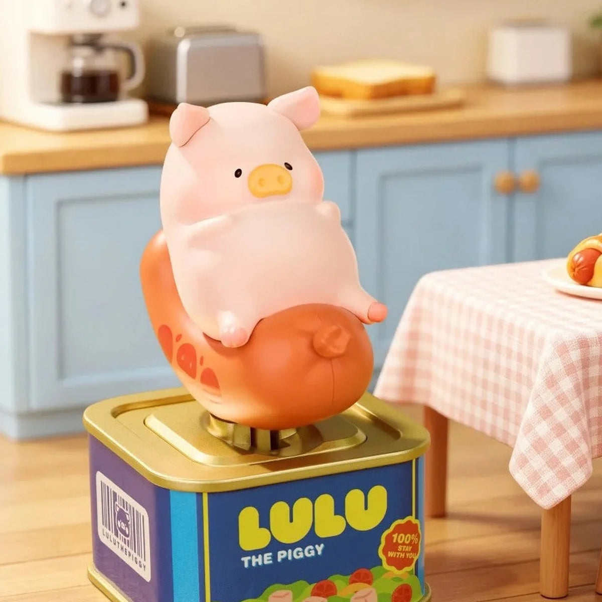 LuLu the Piggy Holiday Series Solar Motion Figure Blind Box - Complete LuLu holiday figure example on orange float and display base; random design not guaranteed