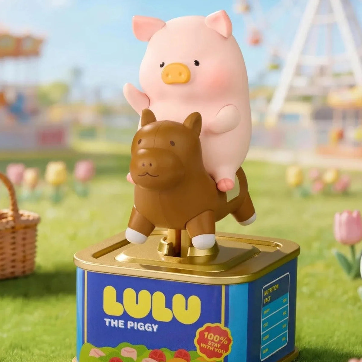 LuLu the Piggy Holiday Series Solar Motion Figure Blind Box - Complete LuLu holiday figure example on horse and display base; random design not guaranteed