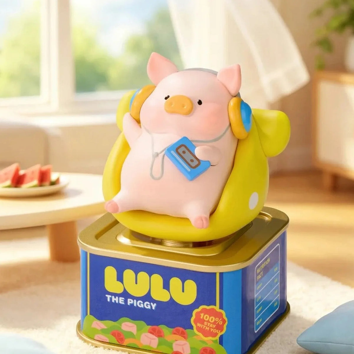 LuLu the Piggy Holiday Series Solar Motion Figure Blind Box - Complete LuLu holiday figure example with yellow headphones and display base; random design not guaranteed