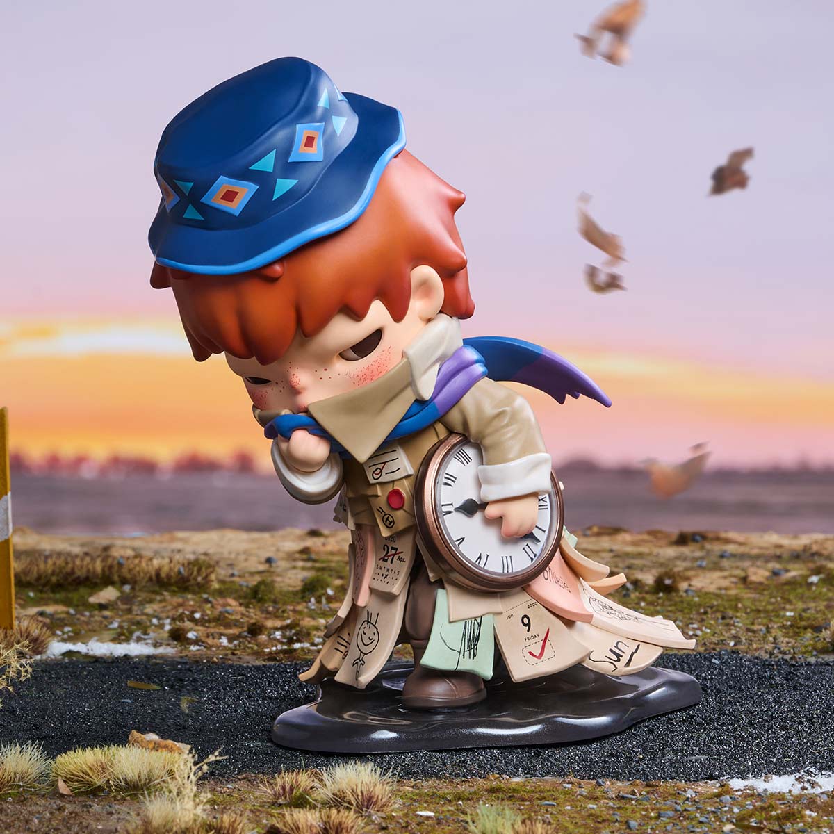 HIRONO x Stefanie Sun Weather With You figurine, three-quarter view showing blue hat, scarf, clock and layered coat