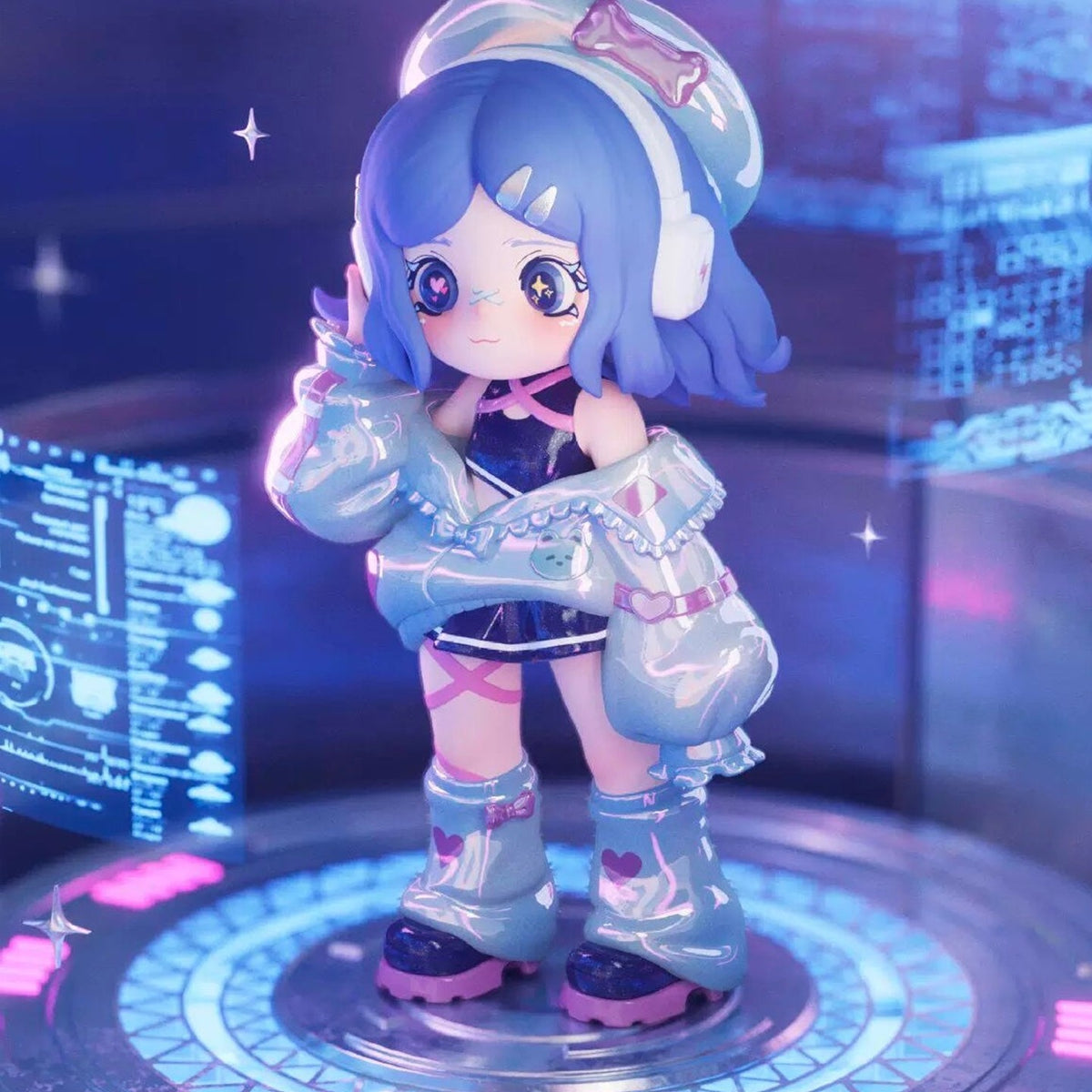 KiliKili Dreamy Source Code: complete blue-haired figure design with headphones and purple hat; random design is not guaranteed