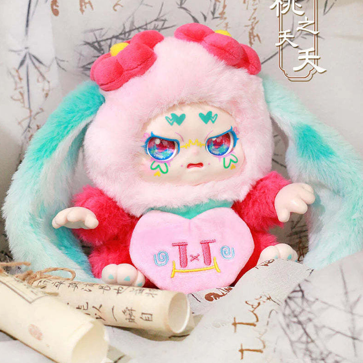 KIMMON plush in a pink and mint long-eared costume; series design example | KikiBuddies