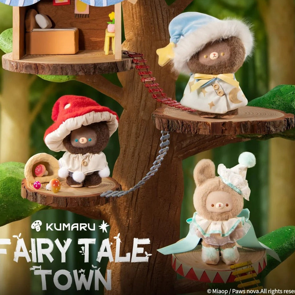KUMARU Fairy Tale Town plush designs on a tree-house display with series branding; illustrative series scene