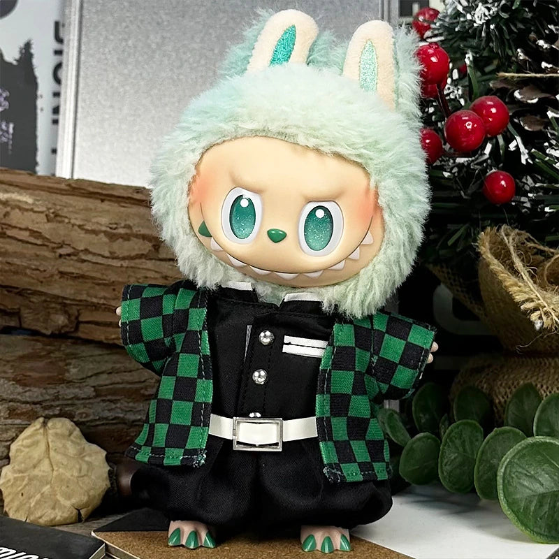 LABUBU fantasy costume outfit – Green Checkered Layered Set for 17cm dolls; includes jacket, top, and pants; doll not included | KikiBuddies