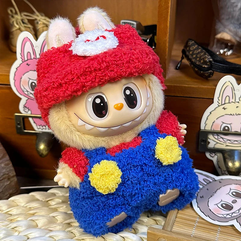 LABUBU fantasy costume outfit – Red Cap Overalls Set for 17cm dolls; includes hat, sweater, and overalls; doll not included | KikiBuddies