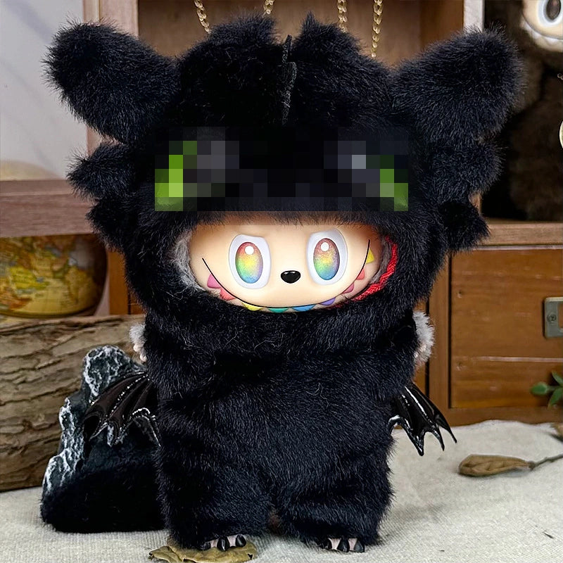 LABUBU fantasy costume outfit – Black Winged Monster Costume for 17cm dolls; includes hooded headpiece and outfit; doll not included | KikiBuddies