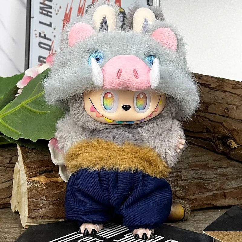LABUBU fantasy costume outfit – Boar Hood Warrior Set for 17cm dolls; includes hooded headpiece, belt, and pants; doll not included | KikiBuddies