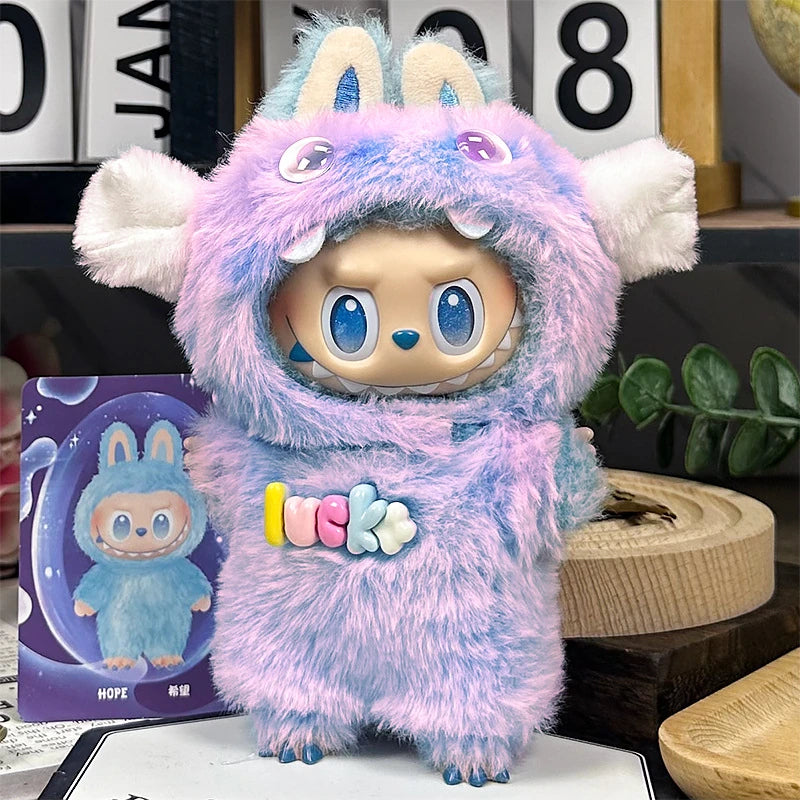 LABUBU fantasy costume outfit – Lavender White-Ear Monster for 17cm dolls; includes hooded headpiece and outfit; doll not included | KikiBuddies