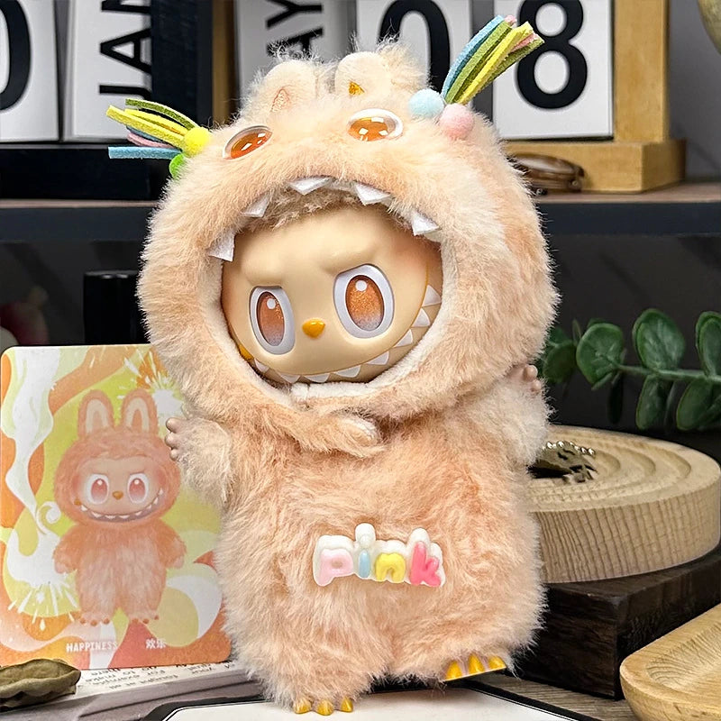 LABUBU fantasy costume outfit – Orange Firework Monster for 17cm dolls; includes hooded headpiece and outfit; doll not included | KikiBuddies