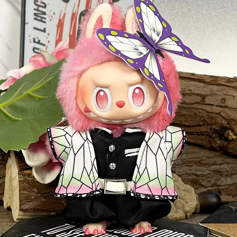 LABUBU fantasy costume outfit – Pink Butterfly Layered Set for 17cm dolls; includes headpiece, jacket, top, and pants; doll not included | KikiBuddies