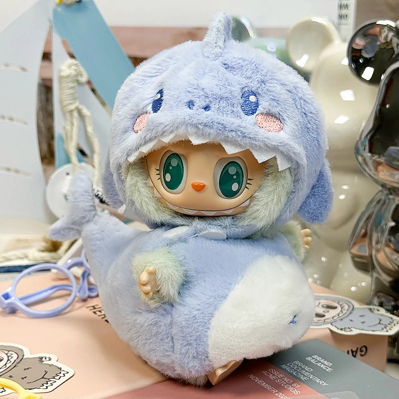 LABUBU fantasy costume outfit – Blue Padded Shark Costume for 17cm dolls; includes hooded headpiece and padded jacket; doll not included | KikiBuddies