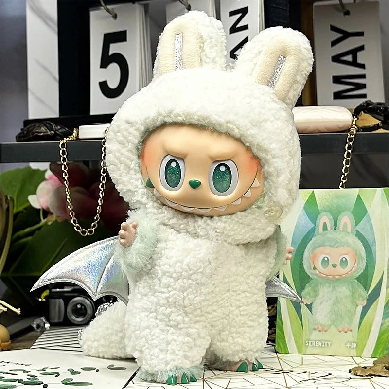 LABUBU fantasy costume outfit – Angel Hood Overalls Set for 17cm dolls; includes hooded headpiece and overalls; doll not included | KikiBuddies
