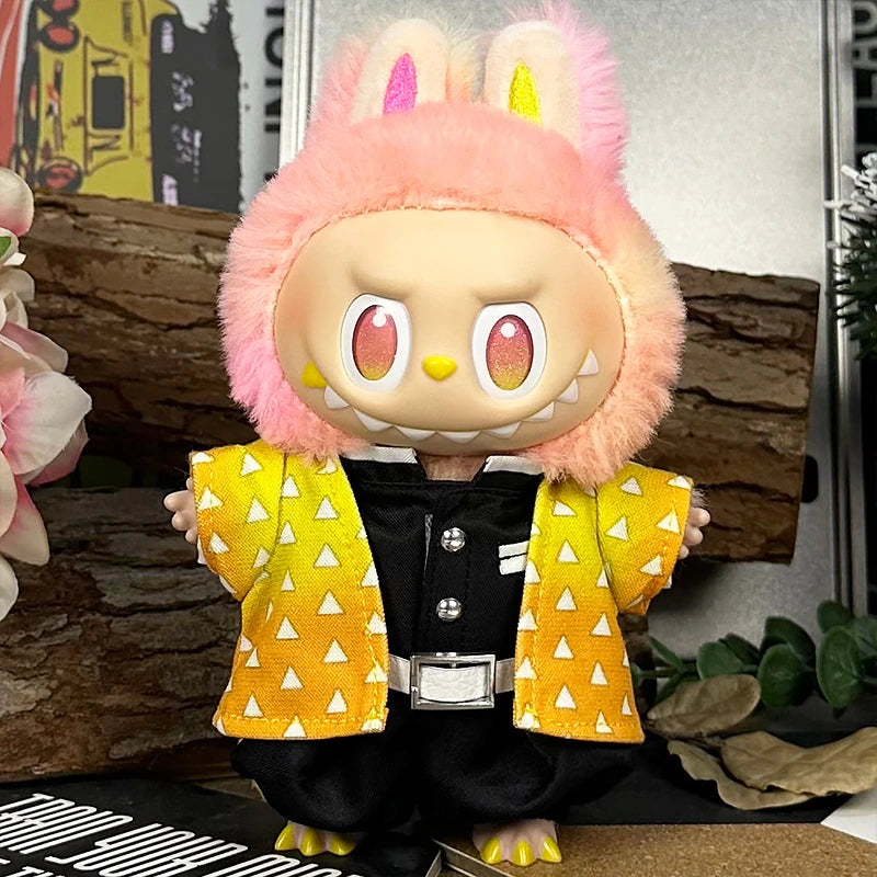 LABUBU fantasy costume outfit – Yellow Geometric Hero Set for 17cm dolls; includes jacket, top, and pants; doll not included | KikiBuddies