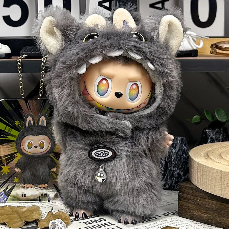 LABUBU fantasy costume outfit – Gray Bell Monster for 17cm dolls; includes hooded headpiece and outfit; doll not included | KikiBuddies