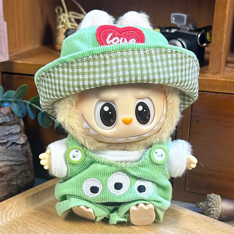 LABUBU fantasy costume outfit – Three-Eyed Space Set for 17cm dolls; includes heart-detail hat, T-shirt, and overalls; doll not included | KikiBuddies