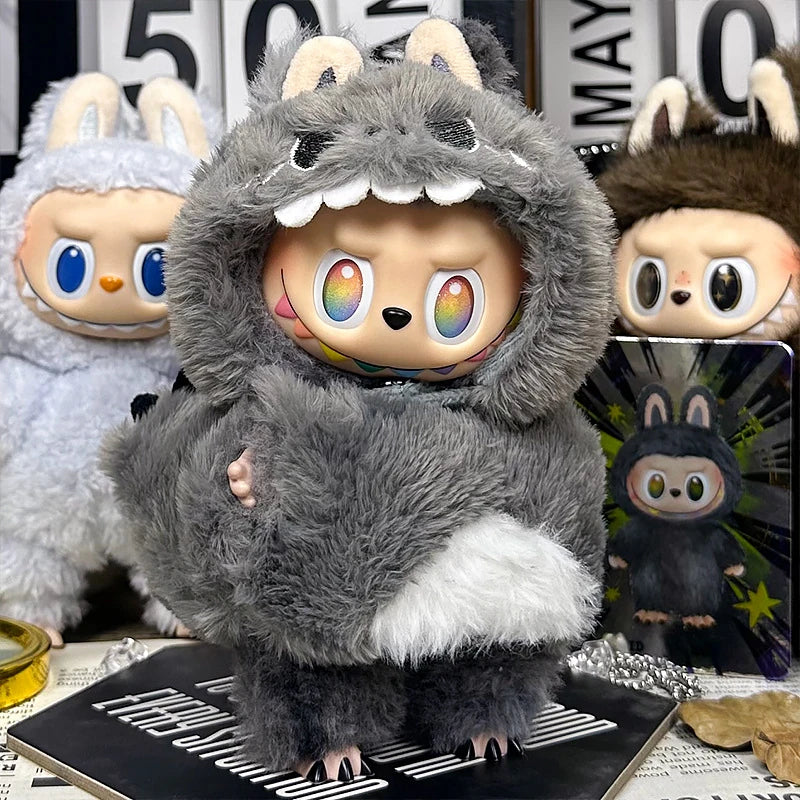 LABUBU fantasy costume outfit – Gray Padded Dinosaur for 17cm dolls; includes hooded headpiece and padded jacket; doll not included | KikiBuddies