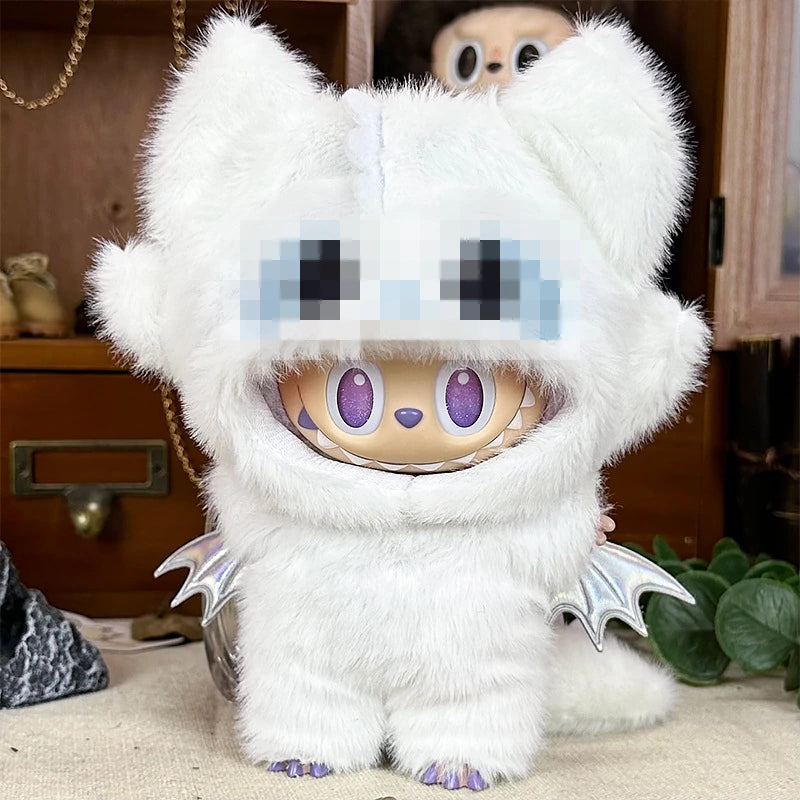 LABUBU fantasy costume outfit – White Winged Monster Costume for 17cm dolls; includes hooded headpiece and outfit; doll not included | KikiBuddies