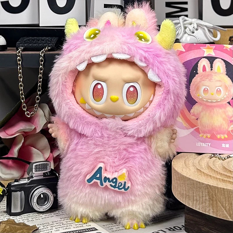 LABUBU fantasy costume outfit – Pink Horn Monster for 17cm dolls; includes hooded headpiece and outfit; doll not included | KikiBuddies