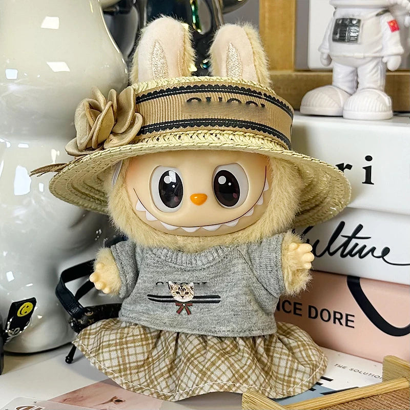 LABUBU sweet dress outfit – Gray Hat & Skirt Set for 17cm dolls; includes dress hat, top, and skirt; doll not included | KikiBuddies