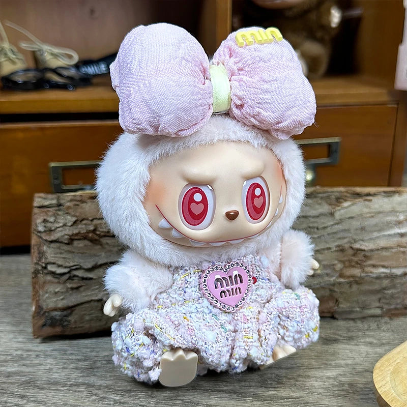 LABUBU sweet dress outfit – Pink Hair-Bow One-Piece Set for 17cm dolls; includes hair accessory and one-piece outfit; doll not included | KikiBuddies