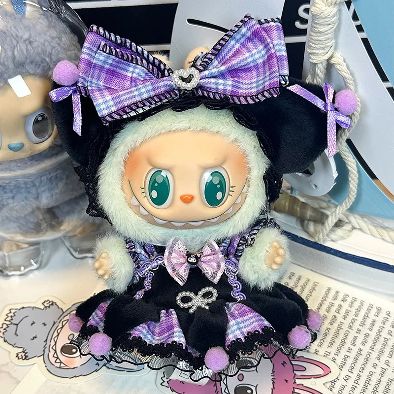 LABUBU sweet dress outfit – Petite Ribbon Pinafore Set for 17cm dolls; includes headpiece and pinafore dress; doll not included | KikiBuddies
