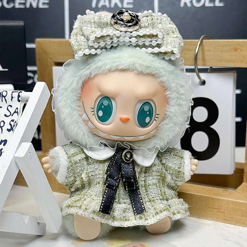 LABUBU sweet dress outfit – Green Boutique Bow Set for 17cm dolls; includes headpiece, outfit, and bow tie; doll not included | KikiBuddies