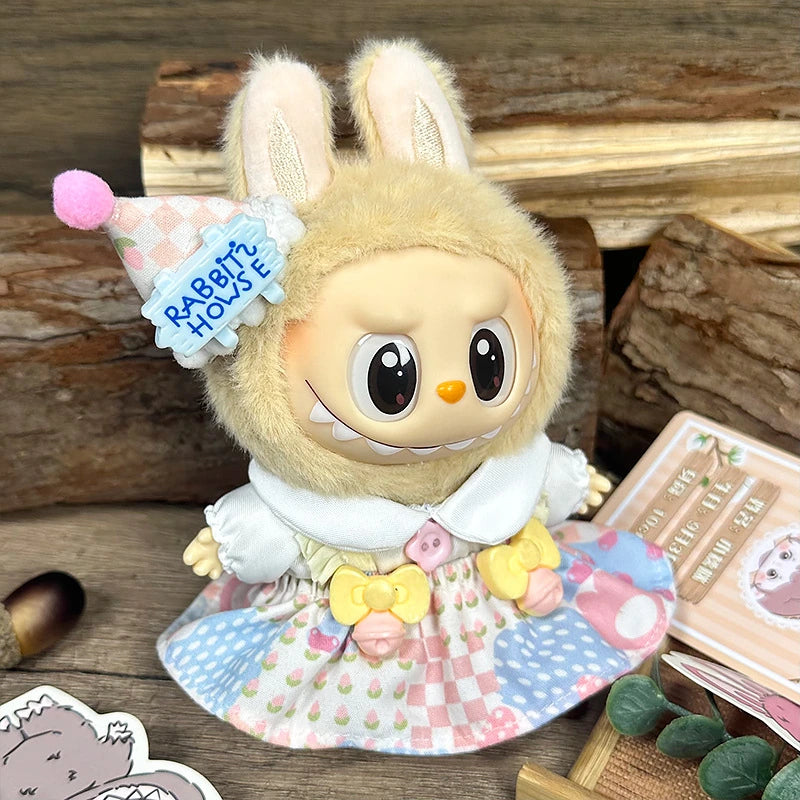 LABUBU sweet dress outfit – Ice Cream Birthday Dress Set for 17cm dolls; includes birthday hat, top, and pinafore dress; doll not included | KikiBuddies