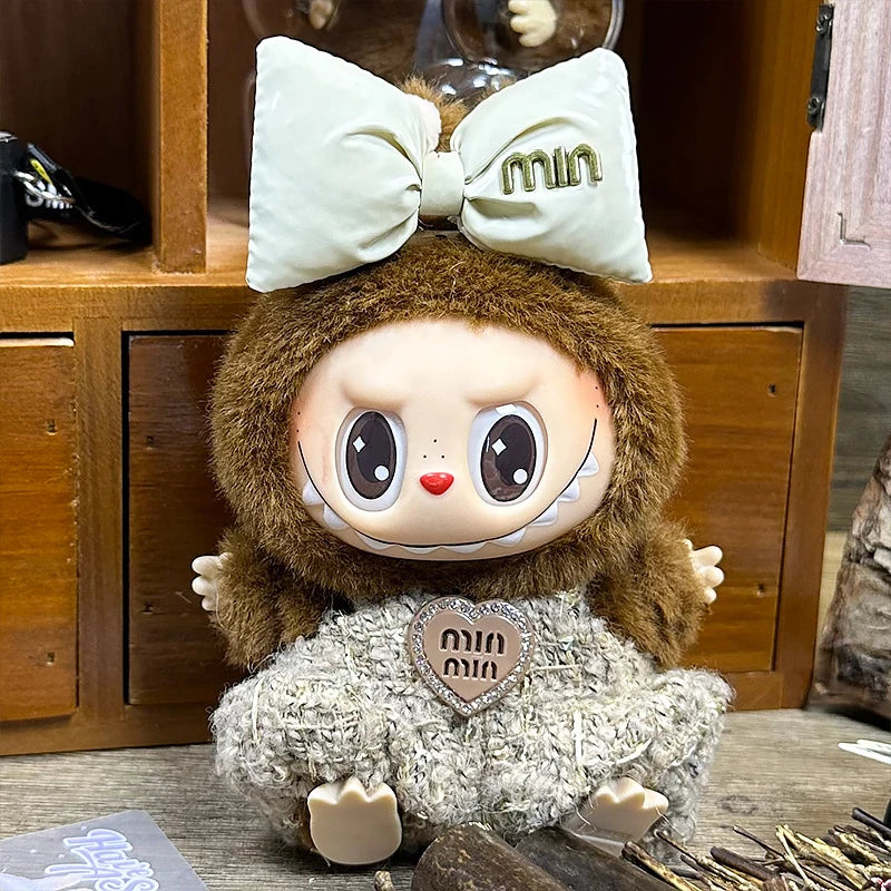LABUBU sweet dress outfit – Khaki Hair-Bow One-Piece Set for 17cm dolls; includes hair accessory and one-piece outfit; doll not included | KikiBuddies