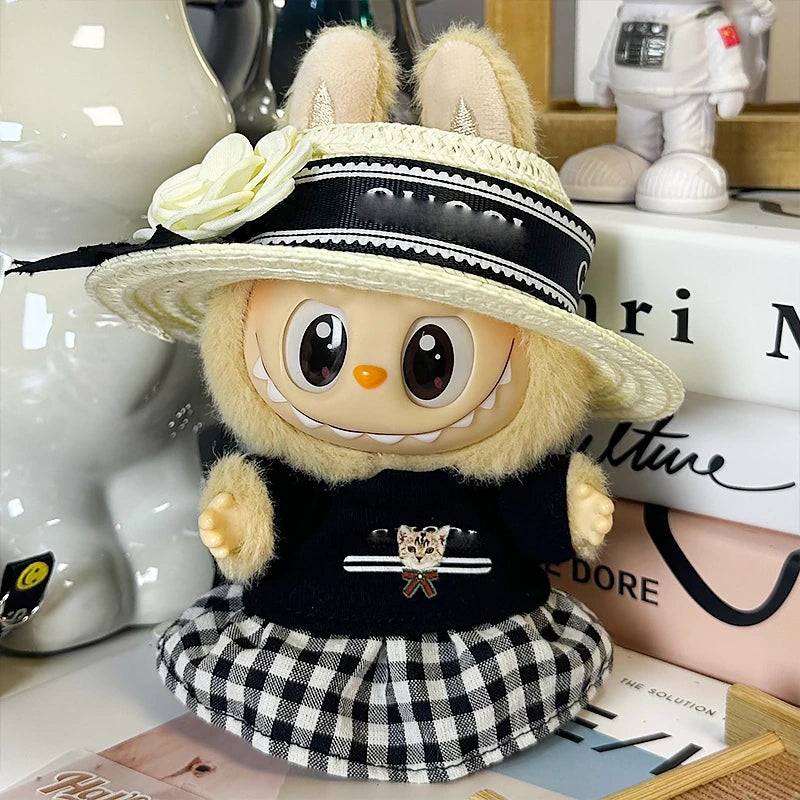 LABUBU sweet dress outfit – Black Hat & Skirt Set A for 17cm dolls; includes dress hat, top, and skirt; doll not included | KikiBuddies