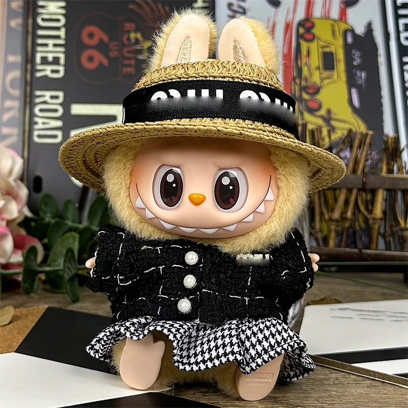 LABUBU sweet dress outfit – Black Hat & Skirt Set B for 17cm dolls; includes dress hat, top, and skirt; doll not included | KikiBuddies