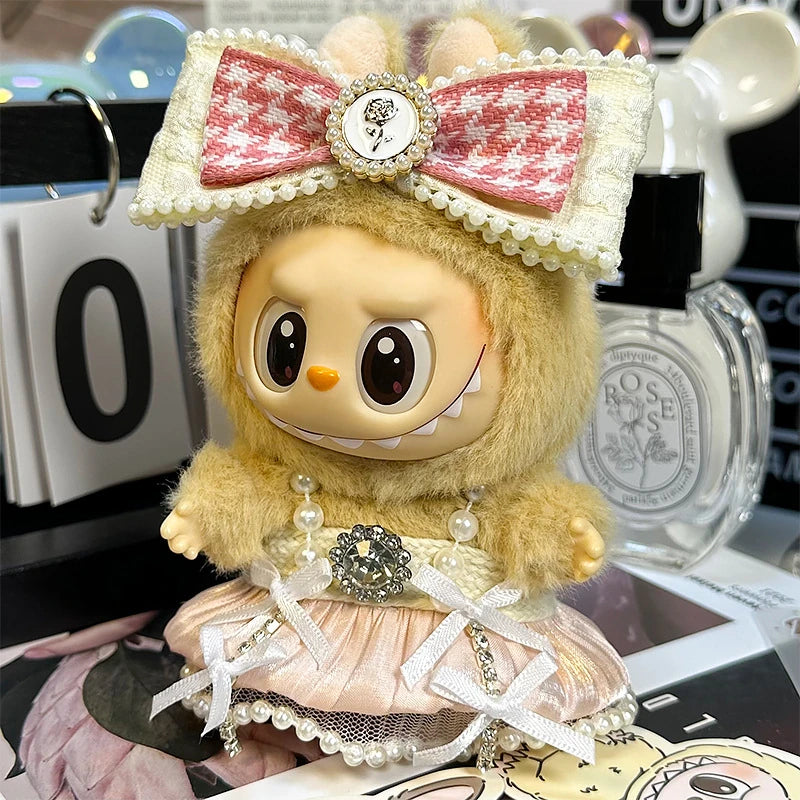 LABUBU sweet dress outfit – Pink Paris Pinafore Set for 17cm dolls; includes headpiece and pinafore dress; doll not included | KikiBuddies