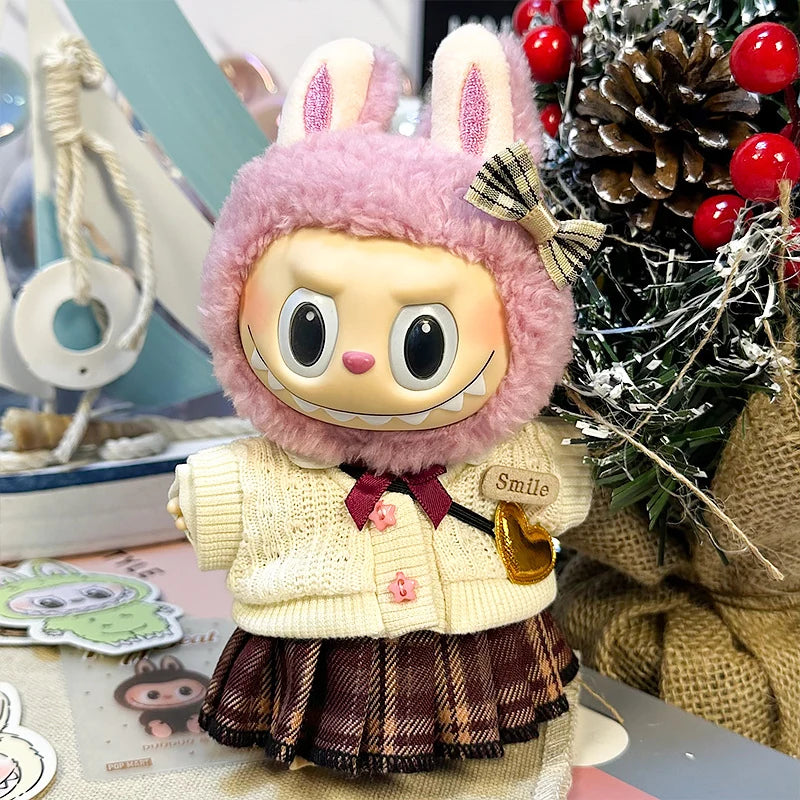 LABUBU sweet dress outfit – Pleated School Skirt Set for 17cm dolls; includes headpiece, sweater, shirt, pleated skirt, and crossbody bag; doll not included | KikiBuddies
