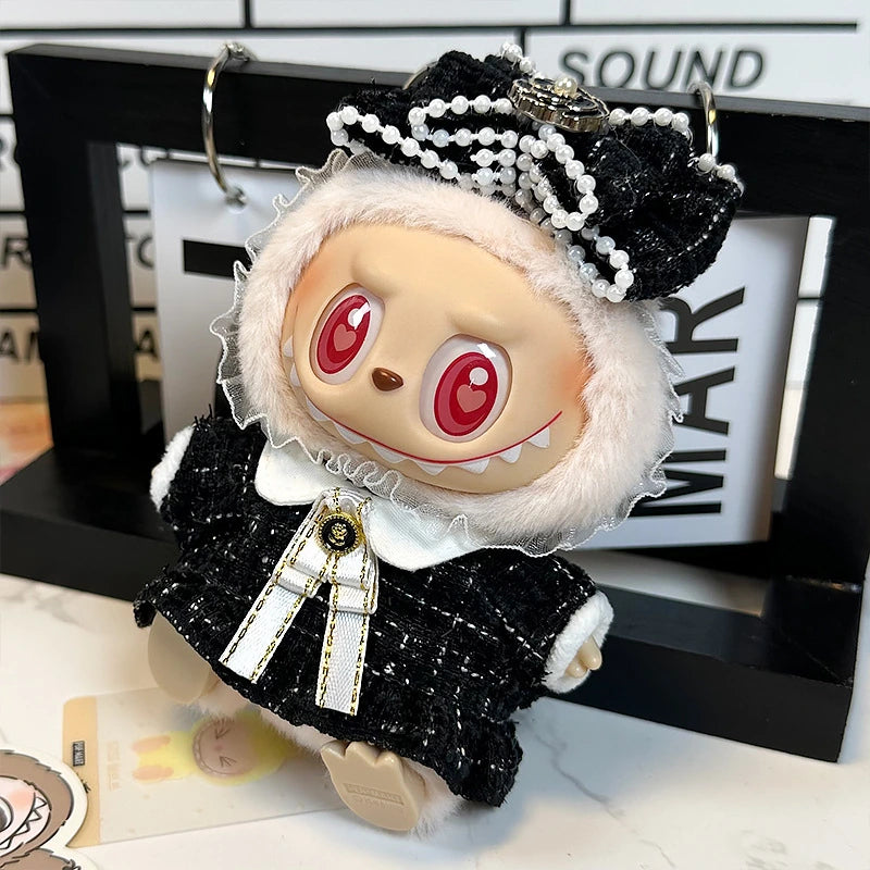 LABUBU sweet dress outfit – Black Boutique Bow Set for 17cm dolls; includes headpiece, outfit, and bow tie; doll not included | KikiBuddies