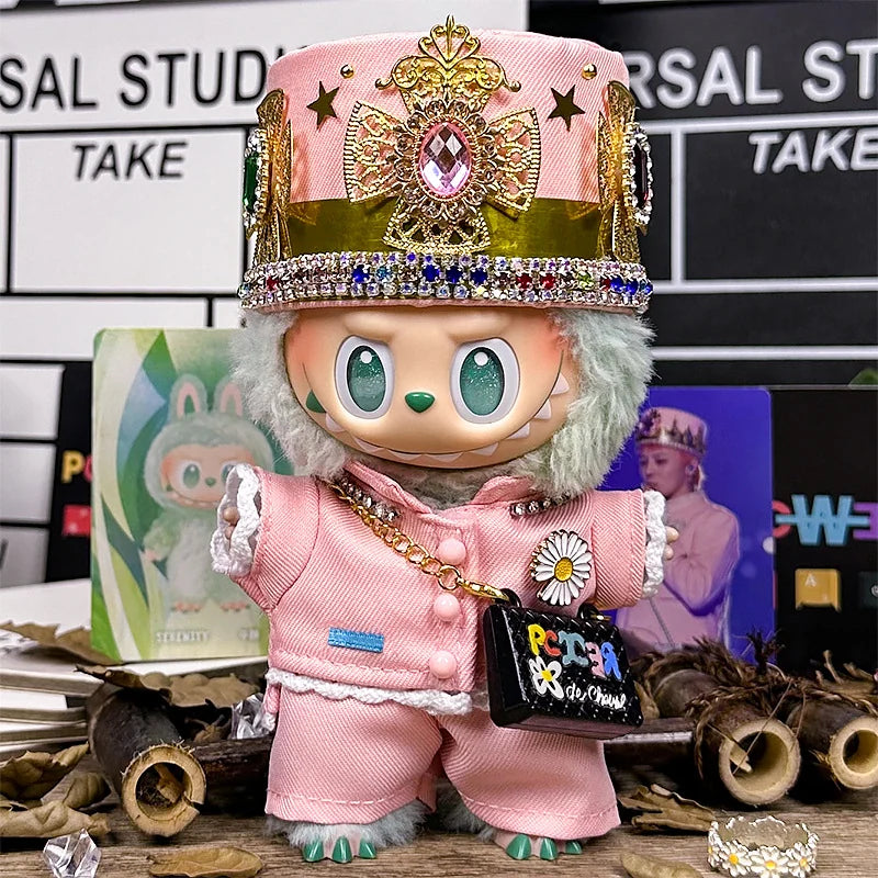 LABUBU sweet dress outfit – Pink Crown Pants Set for 17cm dolls; includes hat, top, pants, and bag; doll not included | KikiBuddies