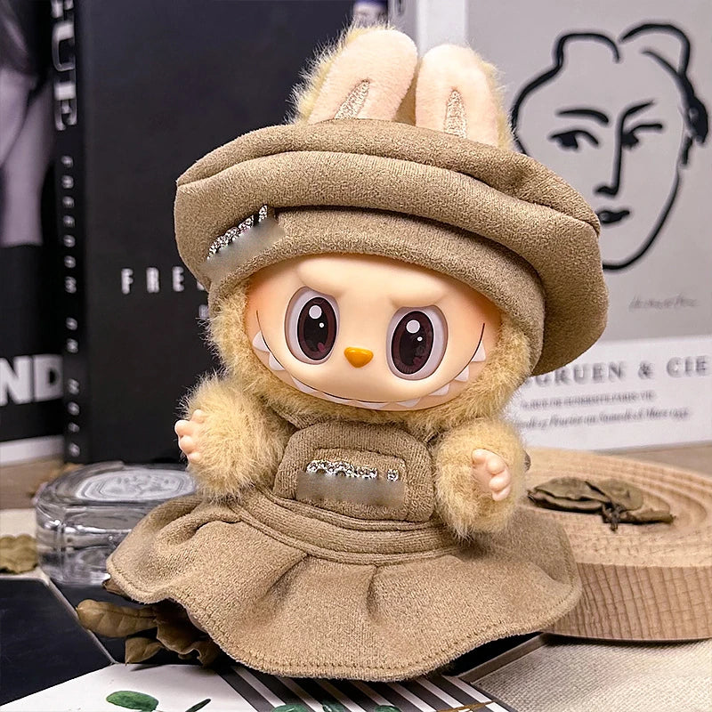 LABUBU sweet dress outfit – Apricot Beret Dress Set for 17cm dolls; includes beret and skirt; doll not included | KikiBuddies